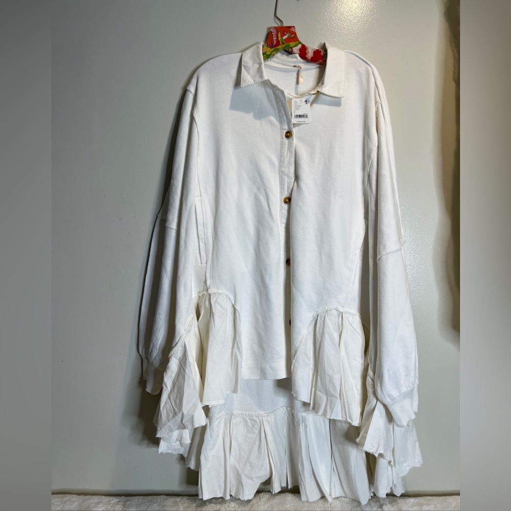 Free People Buttondown Sweatshirt Oversized Slouchy Ruffle Hem Cotton - Picture 4 of 6